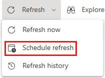 Screenshot of schedule refresh menu option on a semantic model details page in the Power BI service.