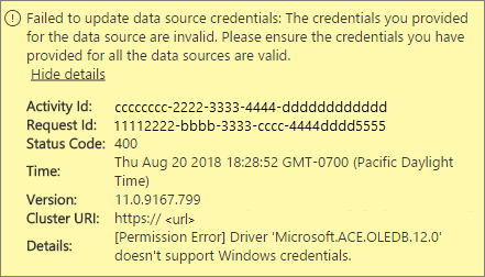 Screenshot shows a data source credential error message.
