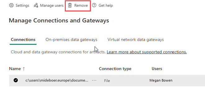 Screenshot of the Manage Connections and Gateways Connections screen showing a selected data source with the Remove option.