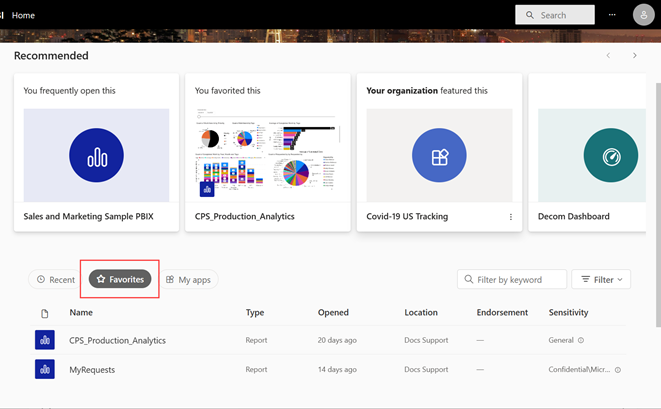 Screenshot of Home showing the Favorites tab selected.