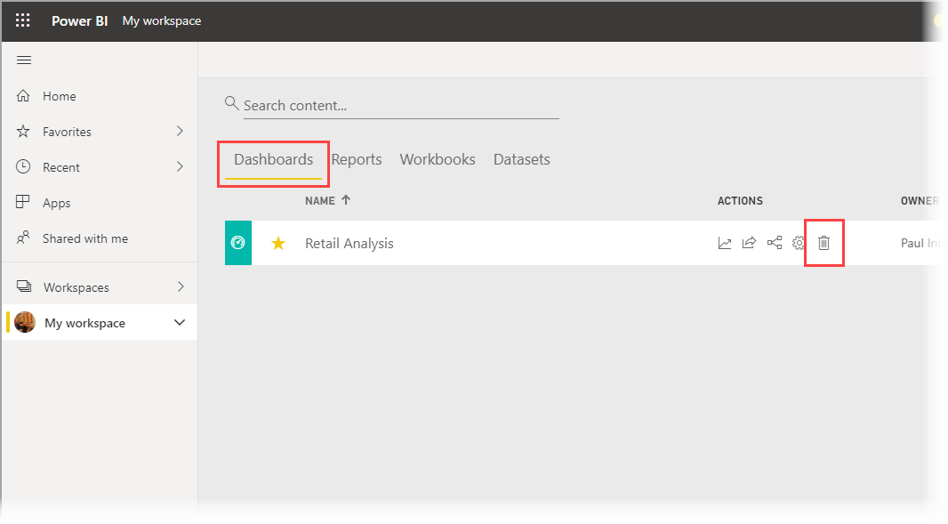 Screenshot of Power BI service workspace showing Delete icon for removing Retail Analysis Sample dashboard.