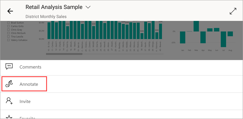 Screenshot of Power BI mobile report menu with Annotate option highlighted for adding notes.