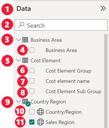 Screenshot of the focus progression for the Data list with expanded tables.