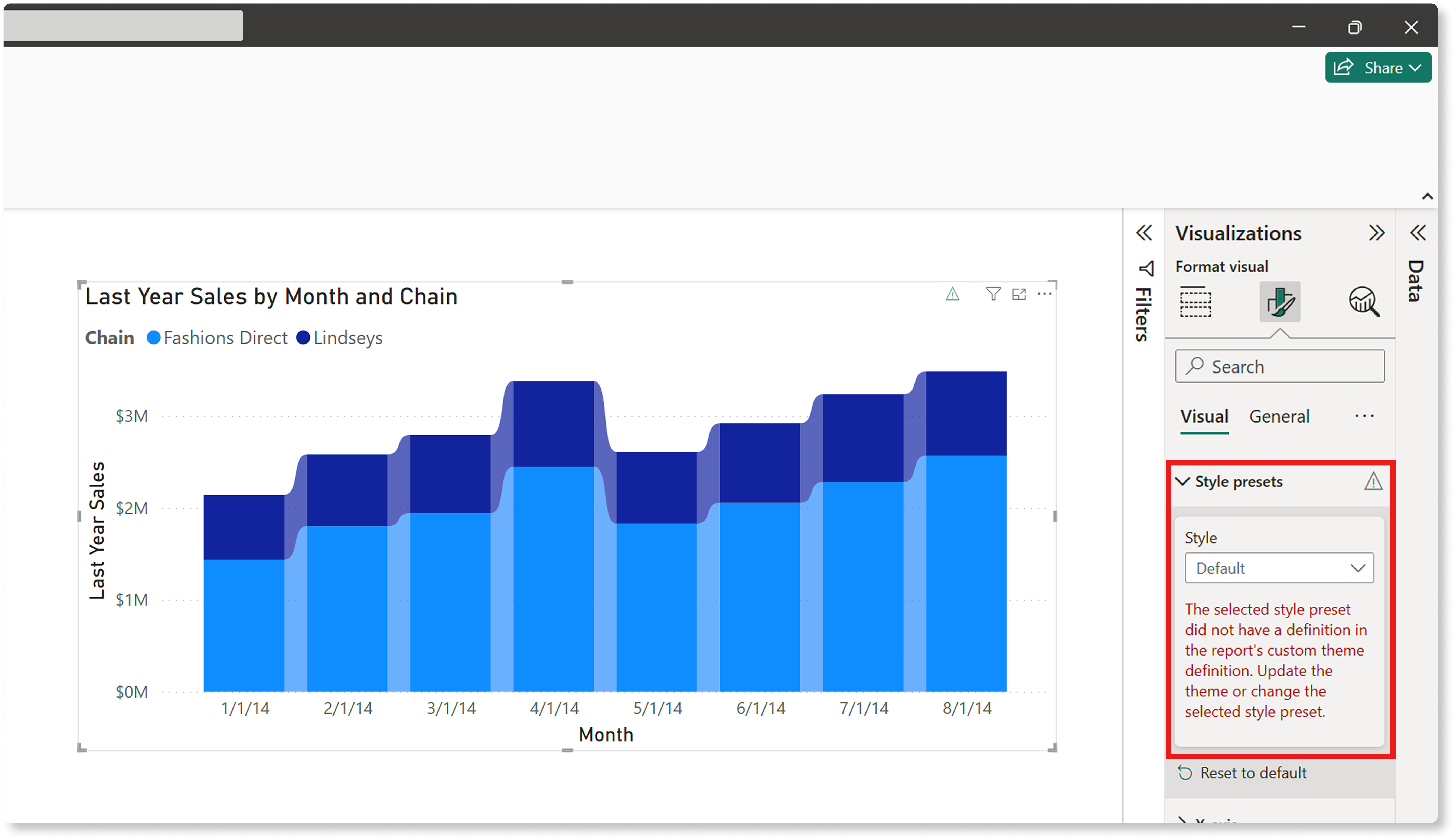 Screenshot of the Style presets menu displaying an error message indicating that the custom style preset can't be found.