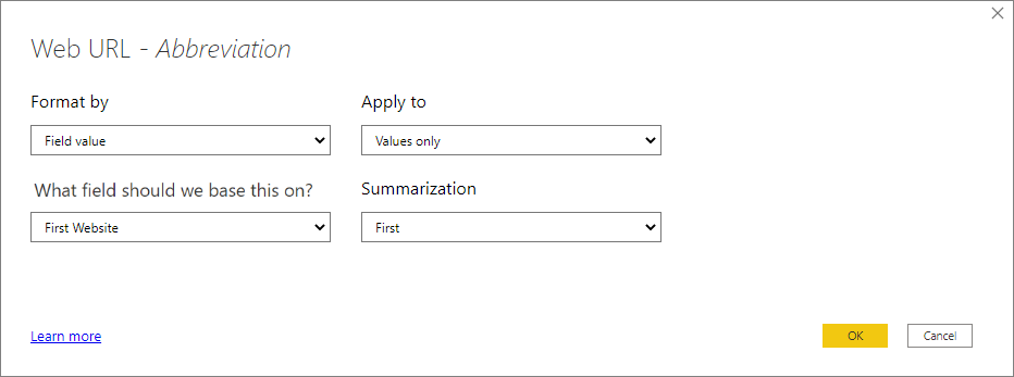 Screenshot showing the Web URL dialog box.