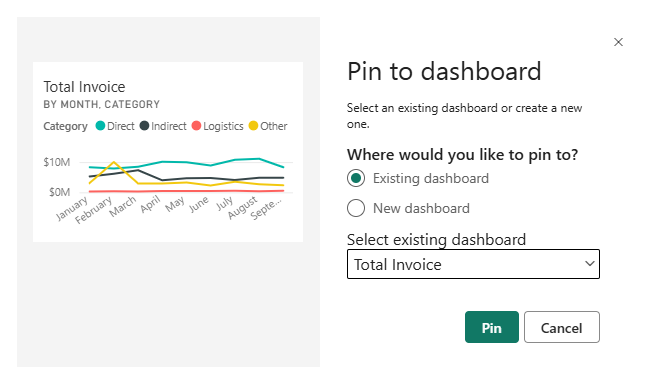 Screenshot of the Pin to dashboard window, highlighting Existing dashboard.