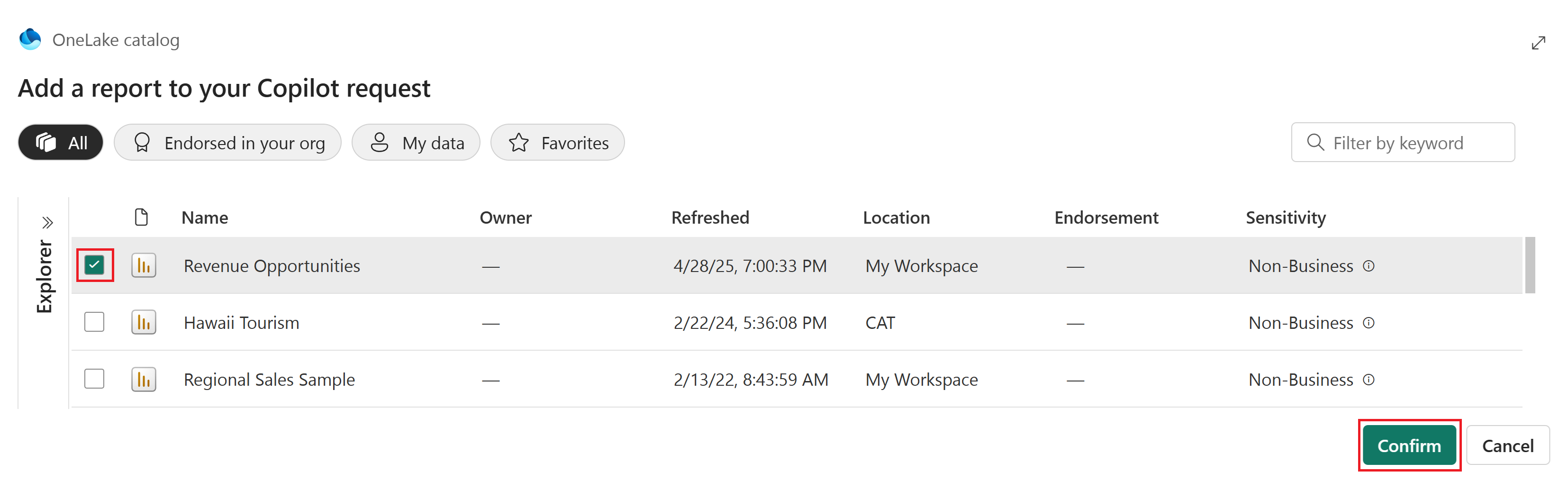 Screenshot of the OneLake catalog with the Revenue Opportunities report selected.