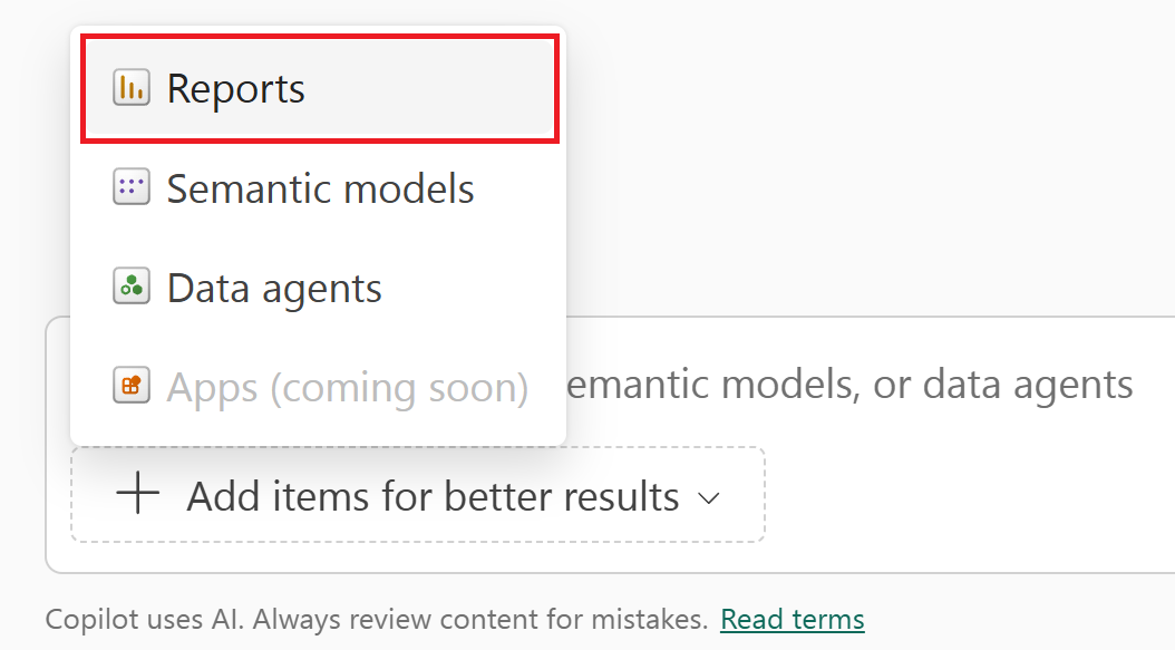 Screenshot of the Add items for better results option with Reports selected.