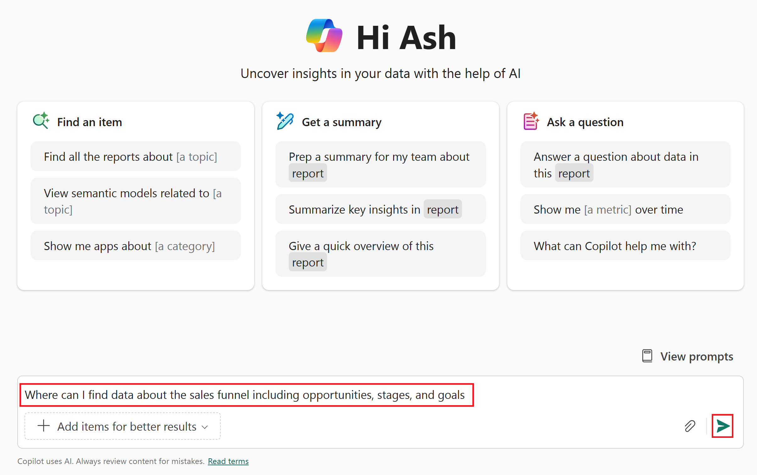 Screenshot of the search input for Copilot to ask a question.