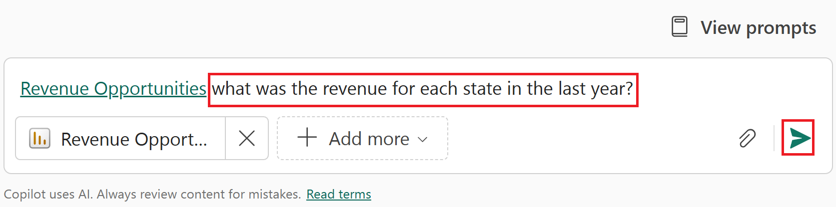 Screenshot of Copilot showing a question about revenue for each state in the last year.