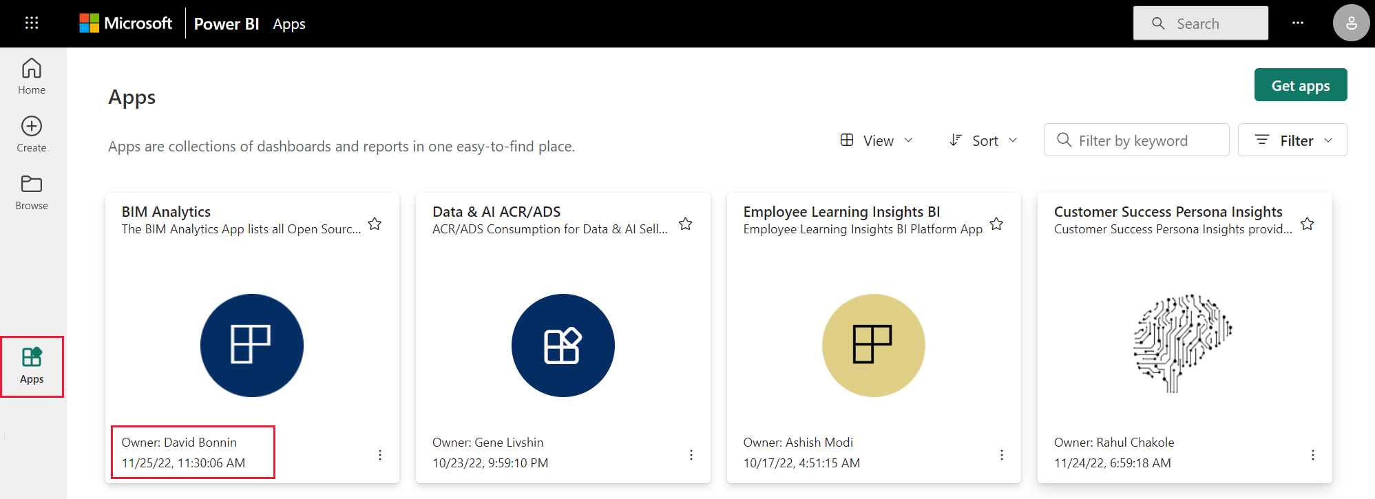 Screenshot of the apps page in the navigation pane.