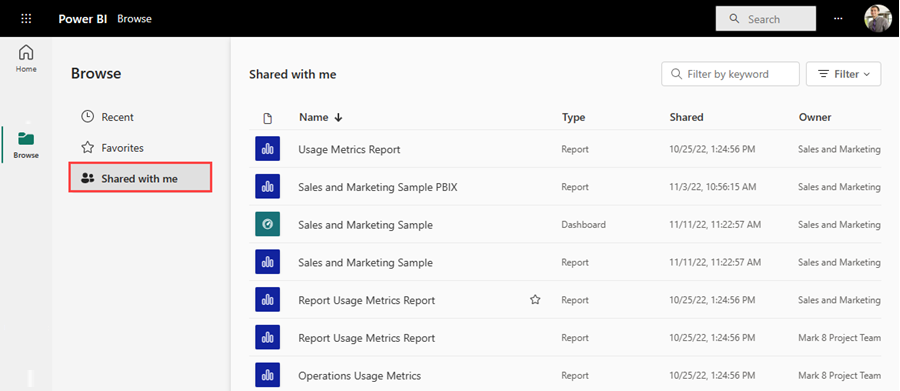 Screenshot of the Shared with me content list displaying multiple items.