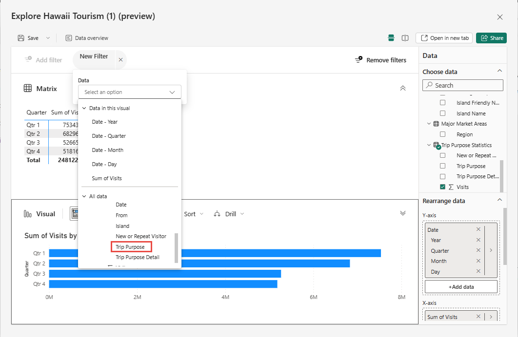 Screenshot showing adding a new filter for trip purpose.