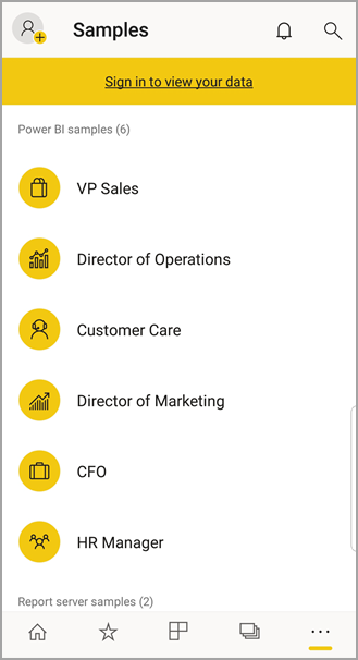 Screenshot of the Power BI mobile samples.