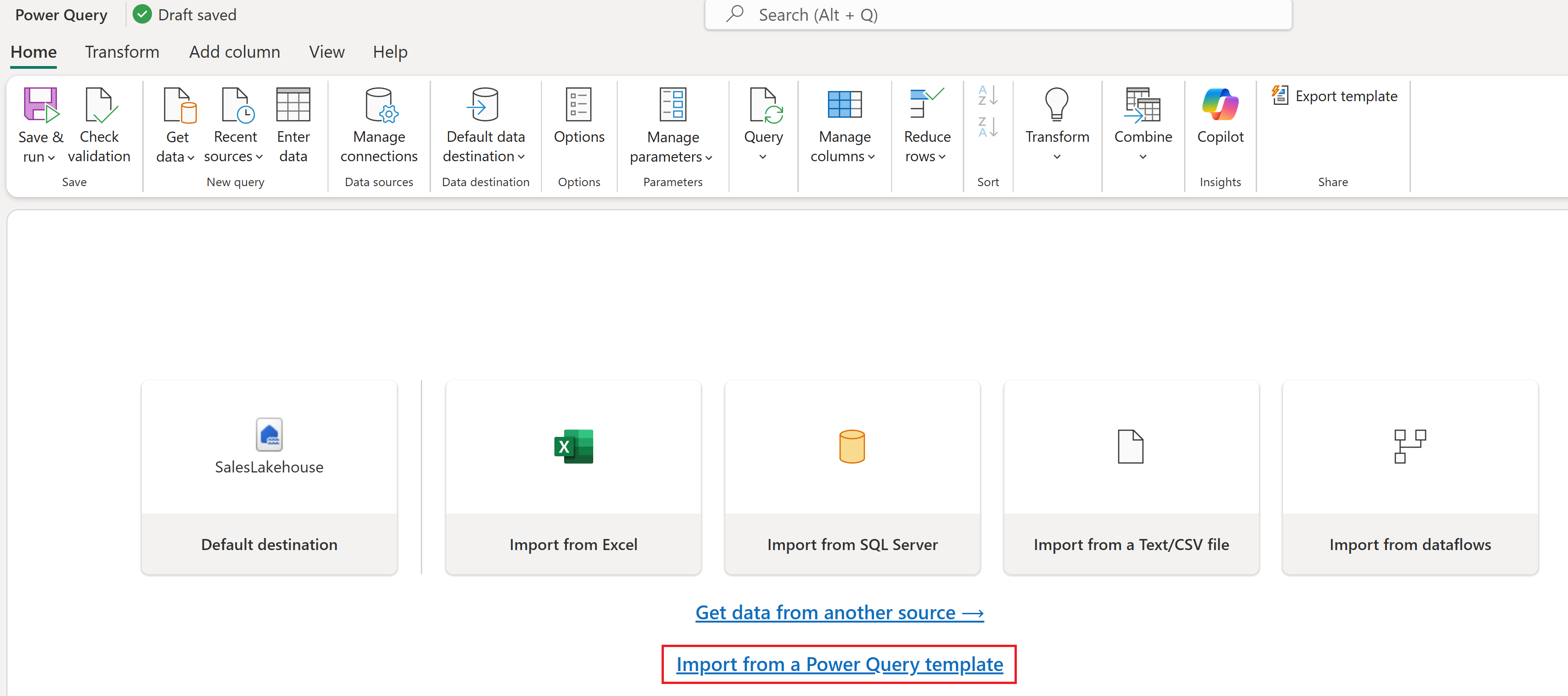 Screenshot of importing a Power Query template.