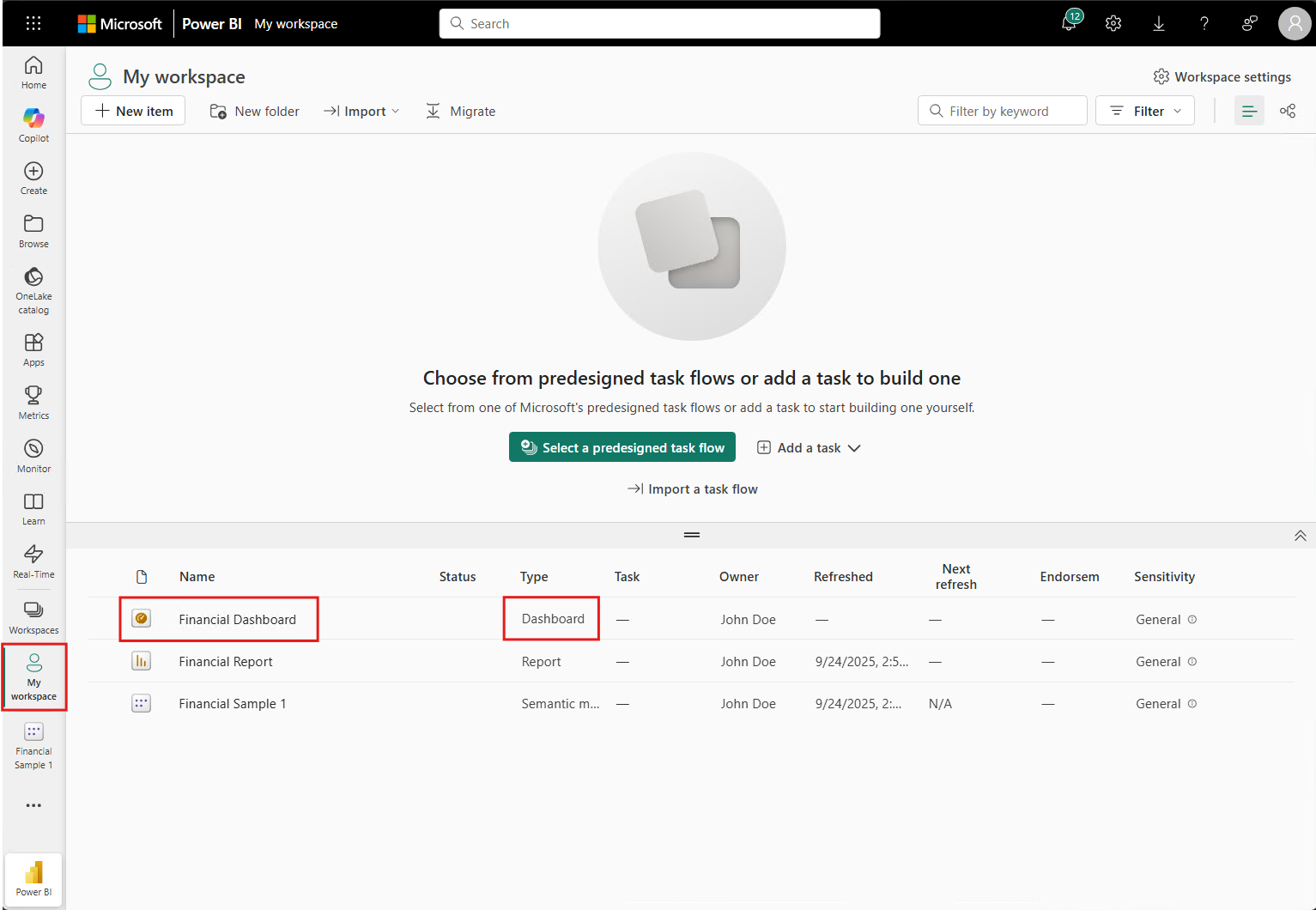 Screenshot that shows how to return to My workspace and open the Financial Sample dashboard.