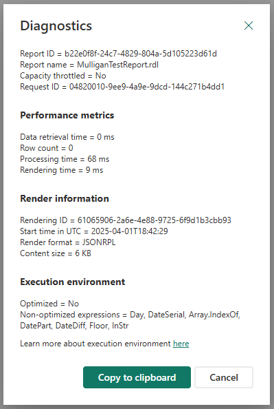 Screenshot of the diagnostics card for paginated reports.
