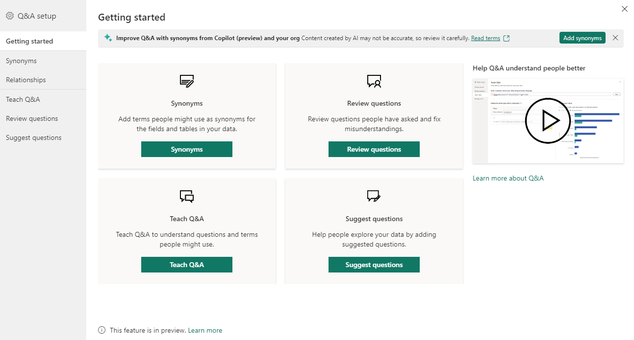 Screenshot of the Q and A Getting started page.