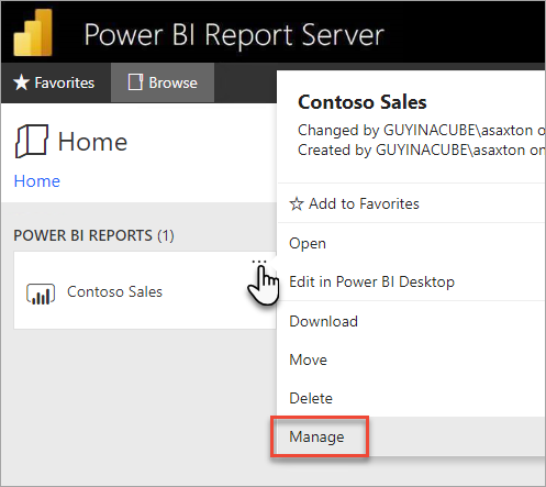 Screenshot showing the Select Manage option from the Power BI report context menu.
