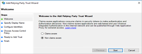 Screenshot showing Welcome to the Add Relying Party Trust wizard.