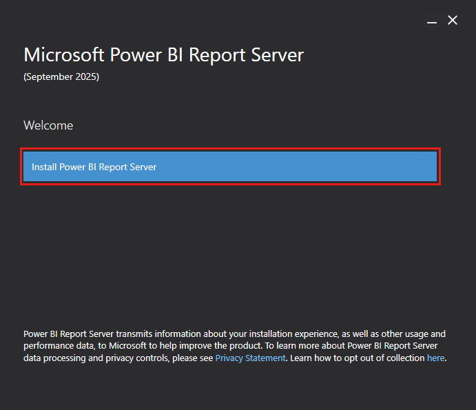 Screenshot of the Welcome page in the Power BI Report Server installer. The Install Power BI Report Server button is highlighted.