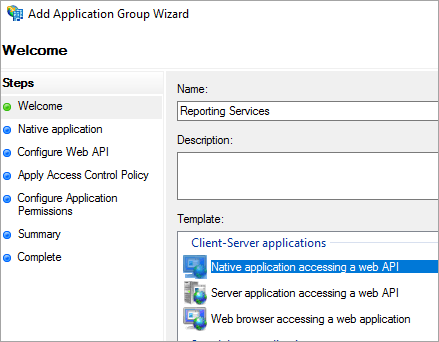 Screenshot showing AD FS Application Group Wizard 01.