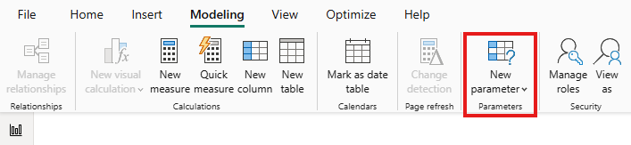 Screenshot of the Power BI Desktop ribbon. On the Modeling tab, the New parameter button is highlighted.