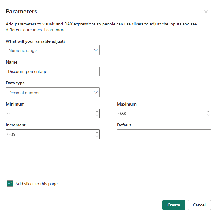 Screenshot of the Parameters dialog in Power BI Desktop. The Name, Data type, Minimum, Increment, and Maximum fields contain data.