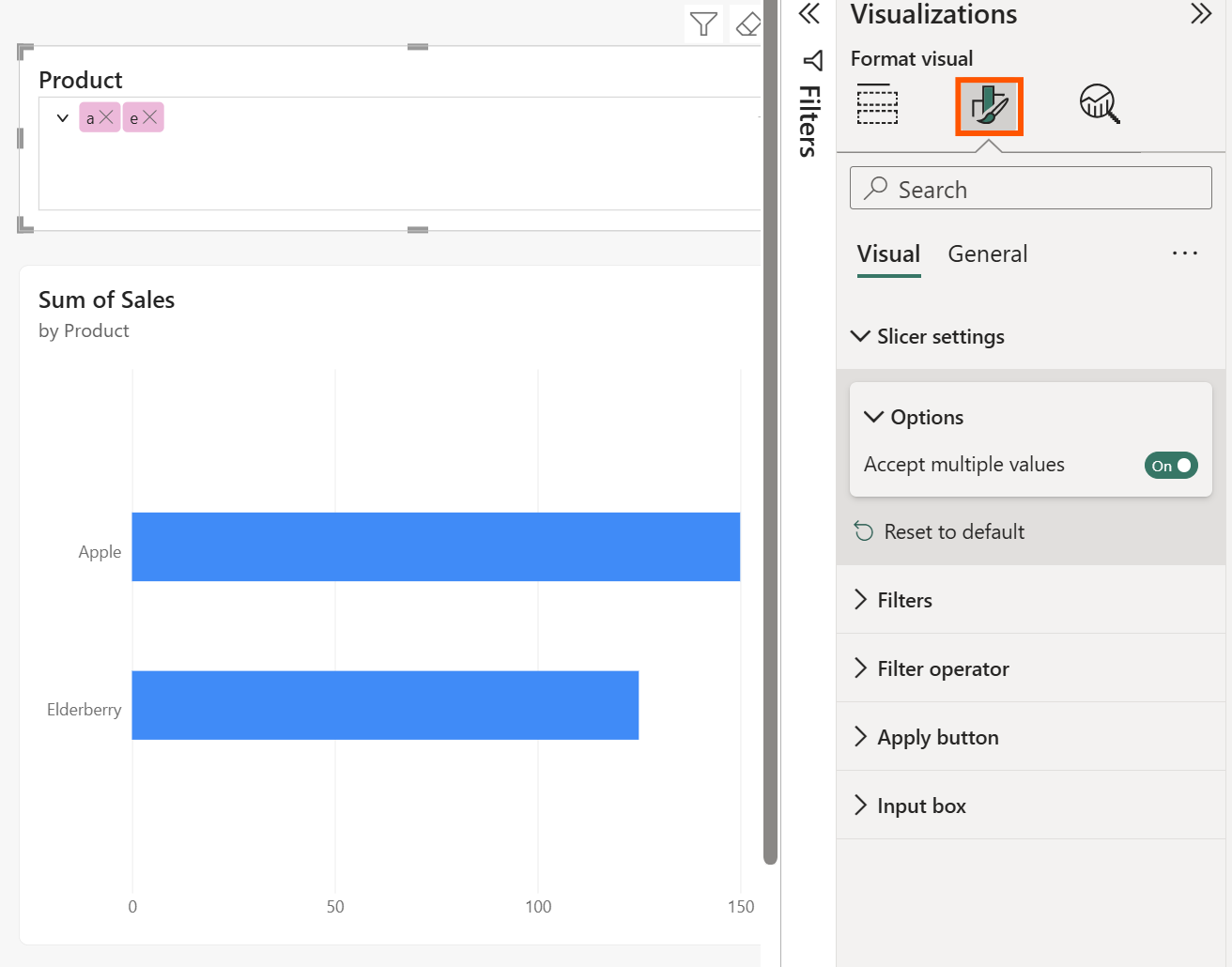Screenshot showing the Format pane with Slicer settings options including Accept multiple values.