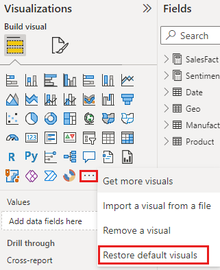 Screenshot of option to restore the visualizations pane to default.