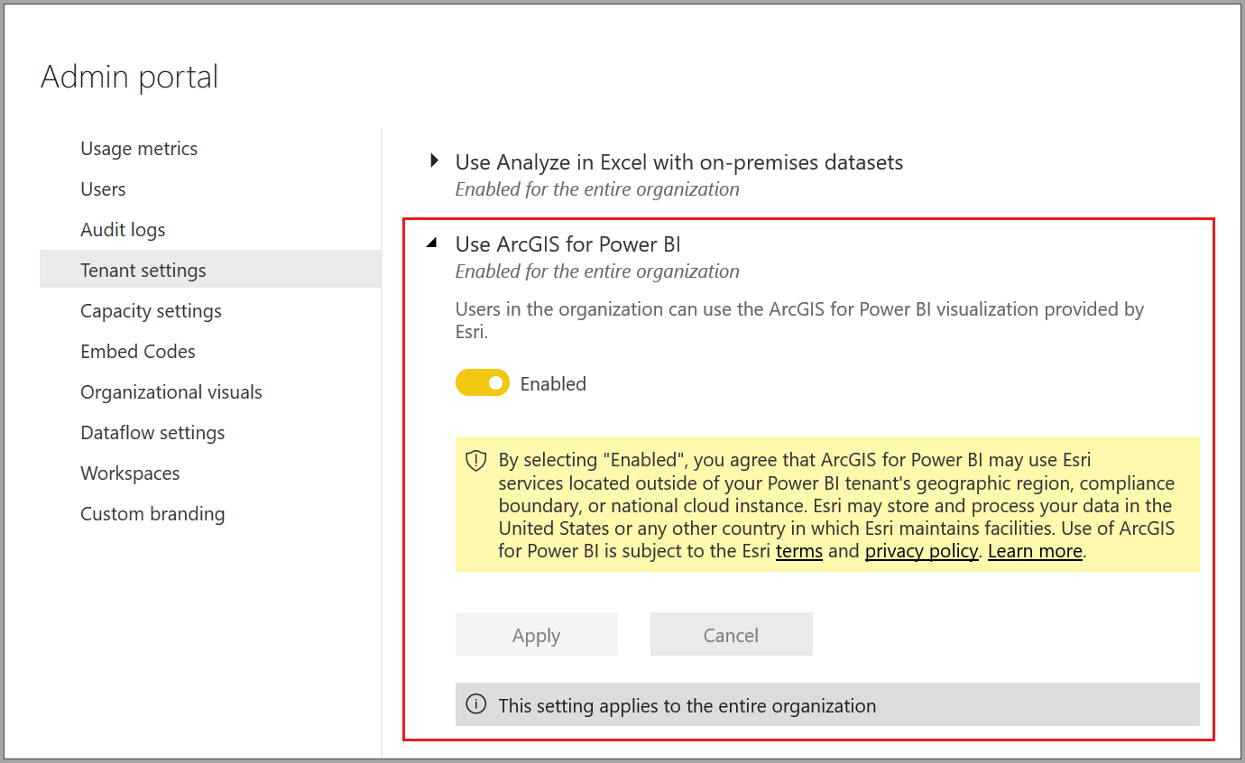 Screenshot of administrator tenant settings options in the Power BI service Admin portal.