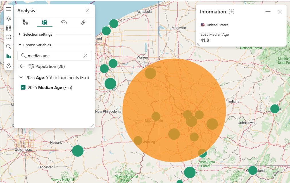 Screenshot of the map with an infographic card displaying 2021 median age for the current extent.