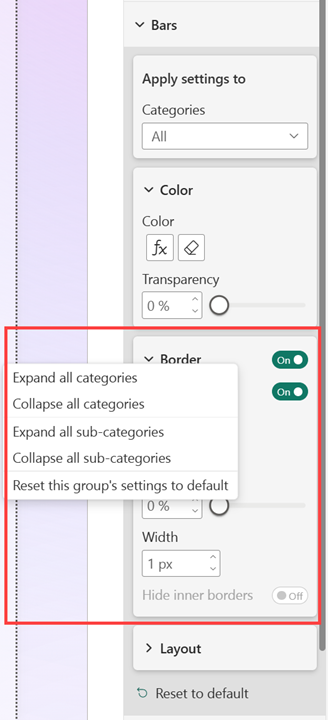 Screenshot showing the border options expanded with the reset settings to default option highlighted.