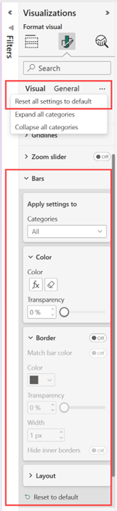 Screenshot showing the bars options expanded with the reset settings to default option highlighted.