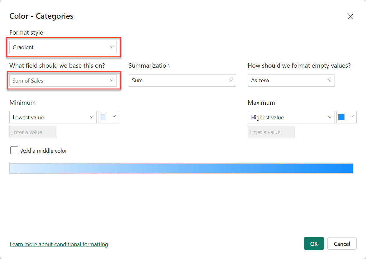 Screenshot of the Default color pane.