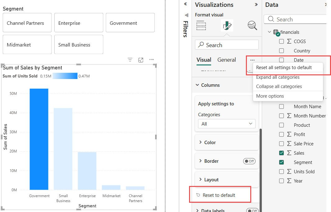 Screenshot of Formatting card showing Reset to default.
