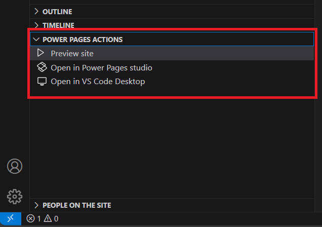 Power Pages Actions view in VS Code.
