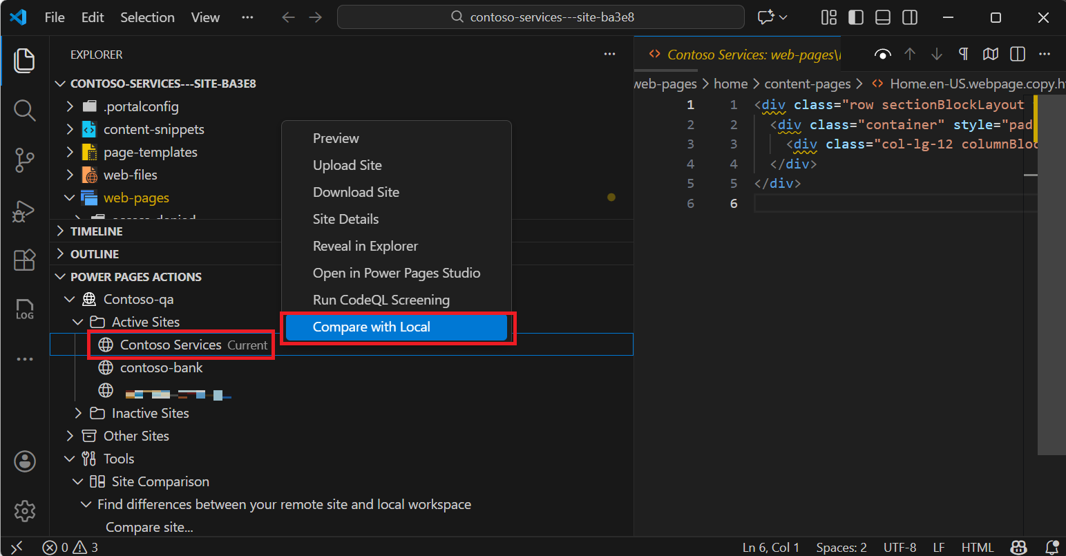 Screenshot showing Compare with local option in the site list.