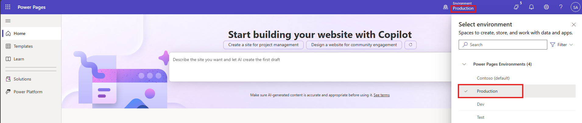 Selecting a Microsoft Dataverse environment.