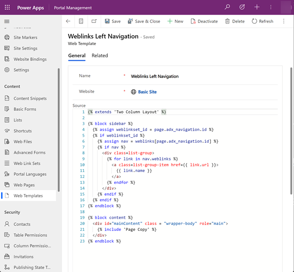 Screenshot of a custom web template with navigation and content.
