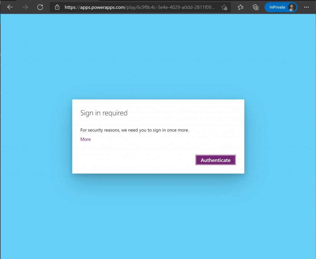 Experience when Power Apps prompts user to authenticate to satisfy Conditional Access requirement. Experience when Power Apps prompts user to authenticate to satisfy Conditional Access requirement.