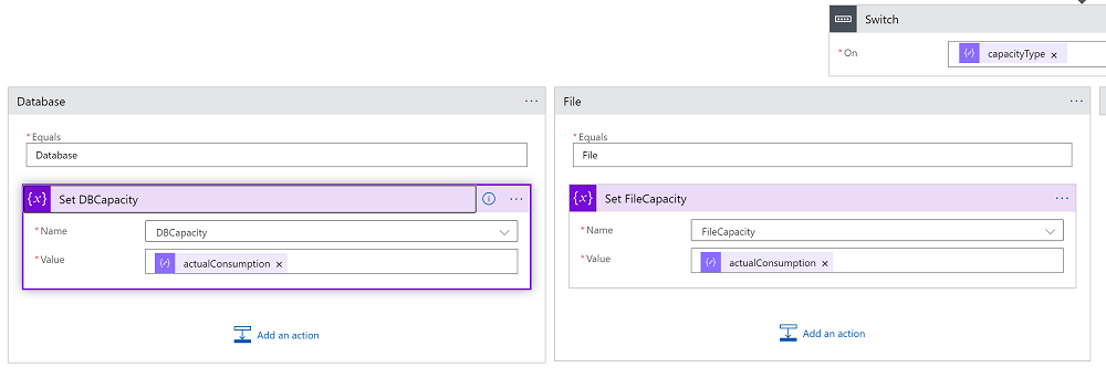 Use the Switch control on the CapacityType property from the Parse-Capacity output Use the Switch control on the CapacityType property from the Parse-Capacity output.