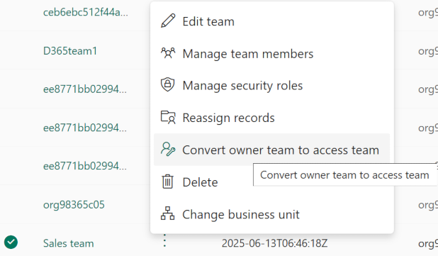 Screenshot of converting an owner team to access team.