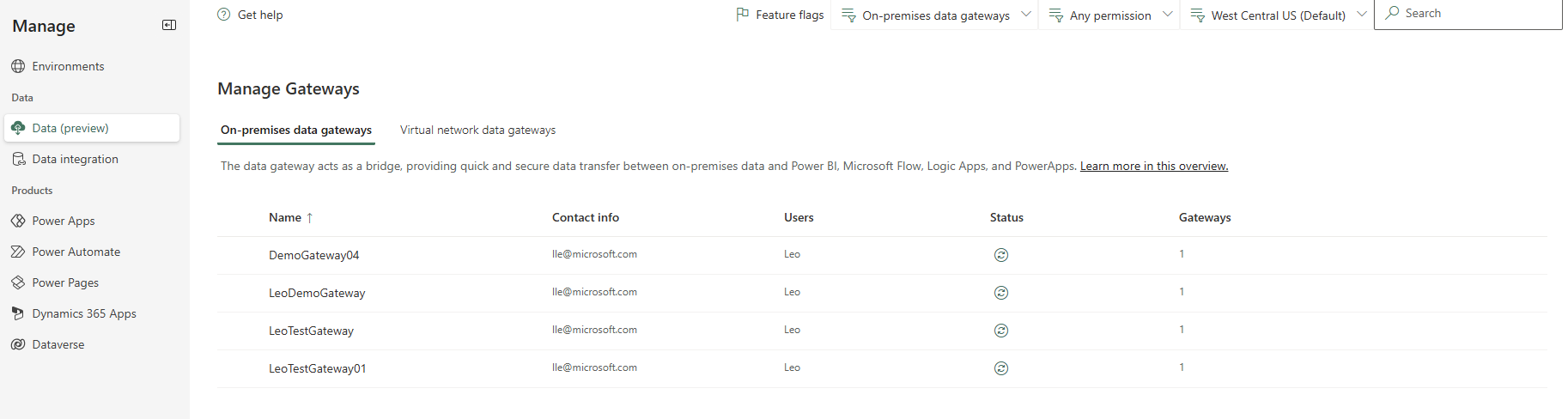 On-premises gateway page On-premises gateway page.