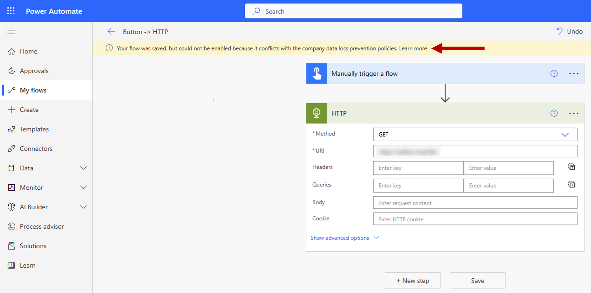 Data policy error because of endpoint filtering rules.