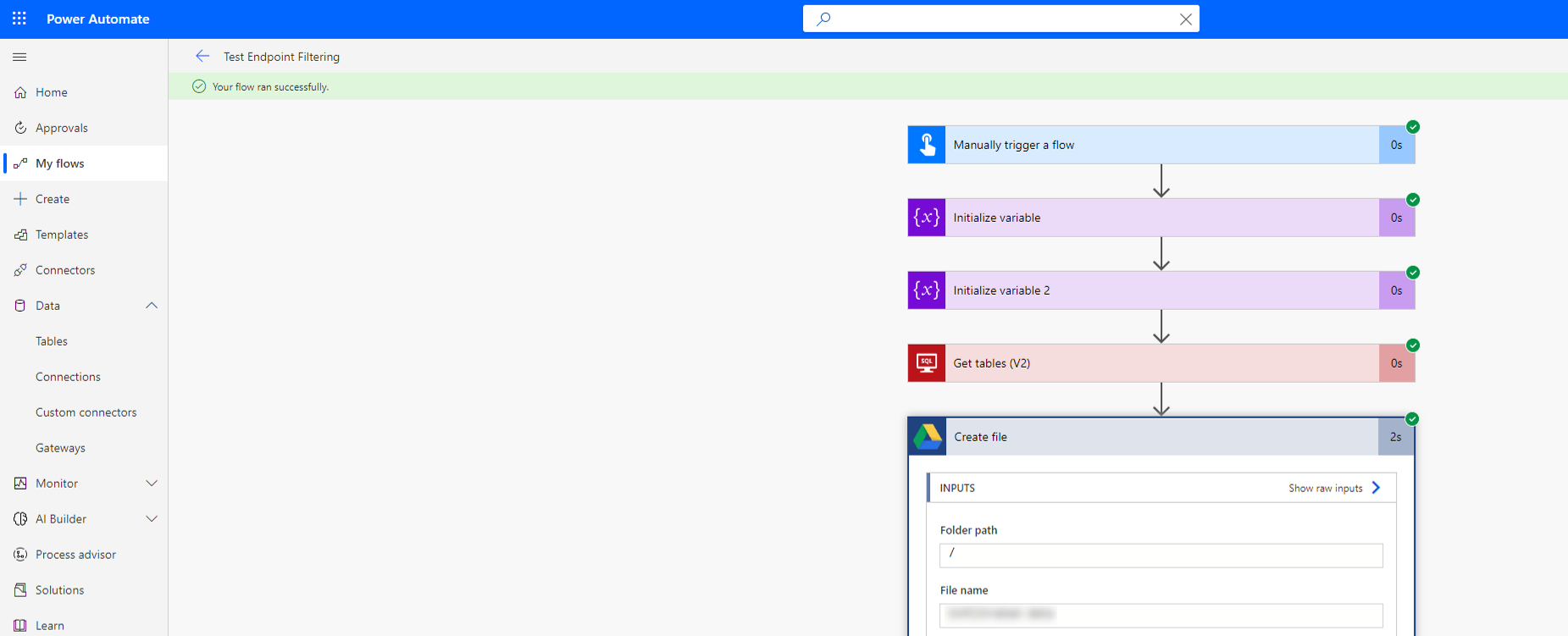 Screenshot of a cloud flow running successfully.