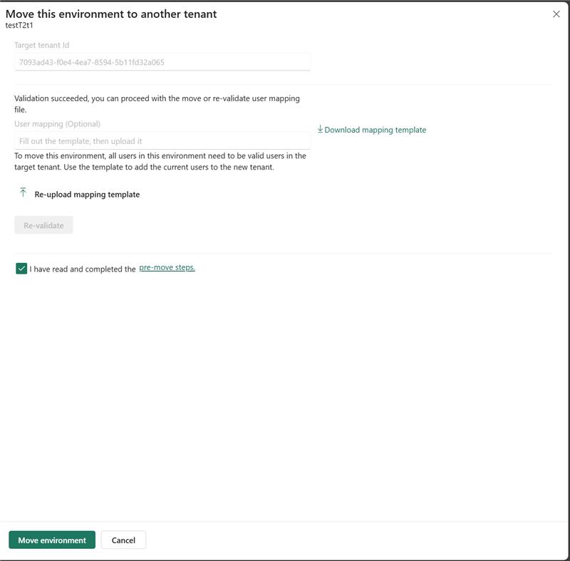 Screenshot of the move environment panel showing target tenant ID, user mapping upload, pre-move steps checkbox, and Move environment button.