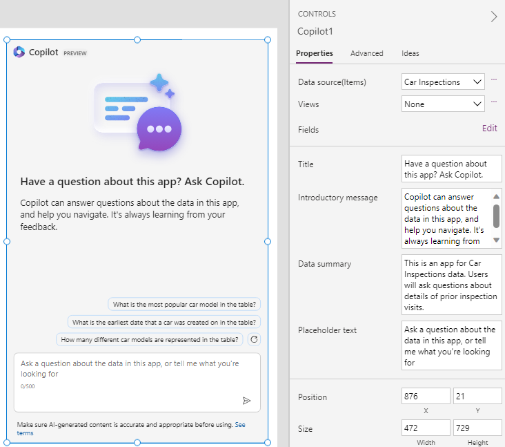Screenshot of Power Apps showing a Copilot added to a canvas app.