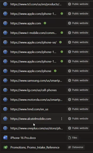 Screenshot of knowledge sources including public websites, device documents, and Dataverse for promotions.