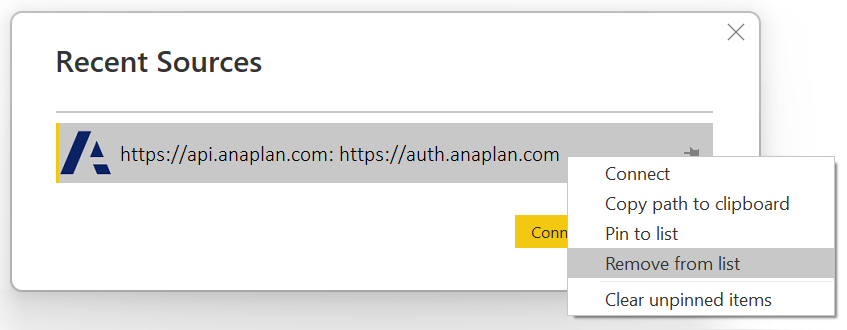 Screenshot of recent source menu with Remove from list emphasized.